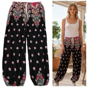Urban Coco Harem Jogger Pants Womens Large Boho Paisley Floral Black Pink Lounge